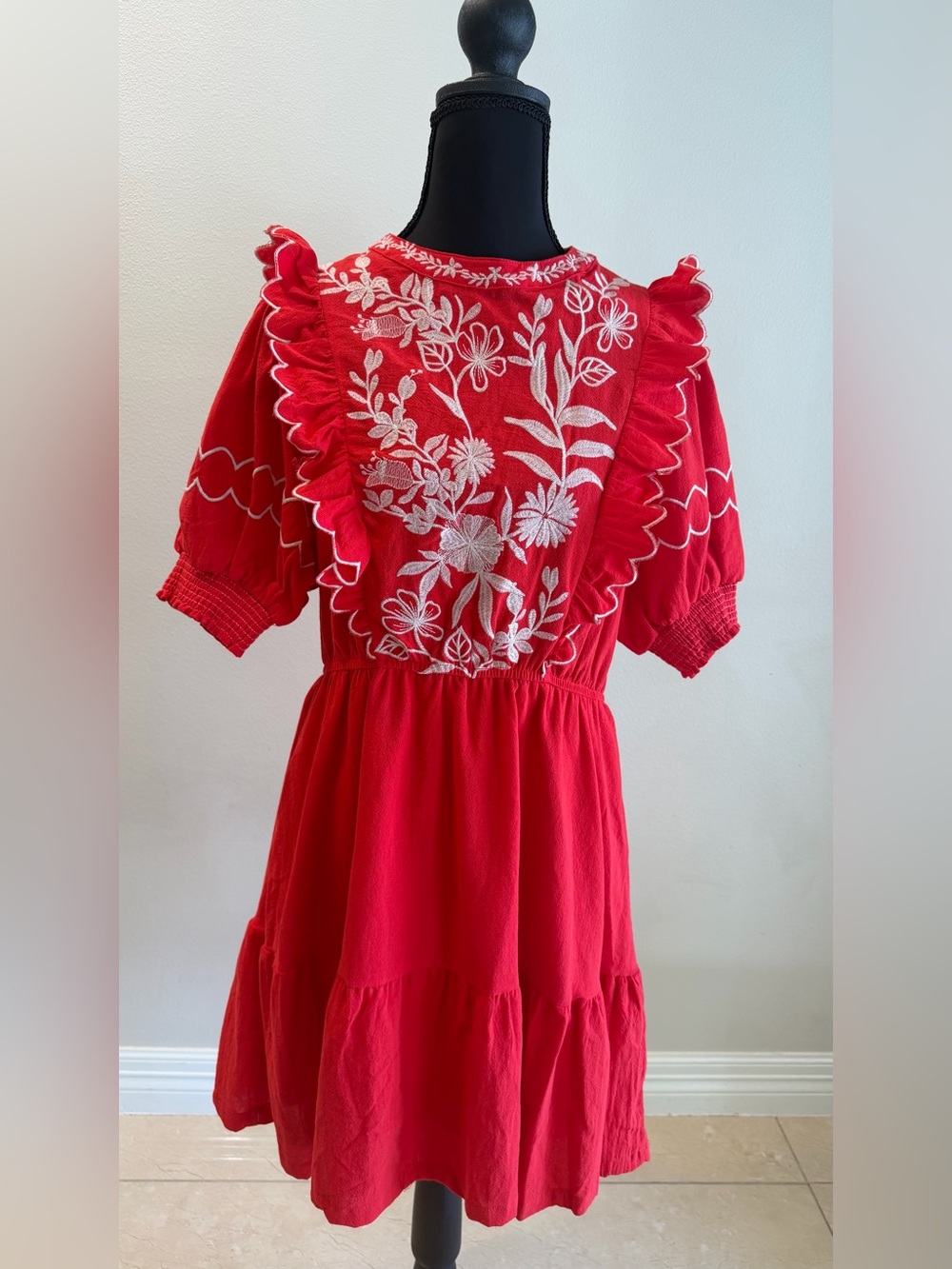 Umgee Red Floral Embroidered Ruffle Puffy Sleeves Dress